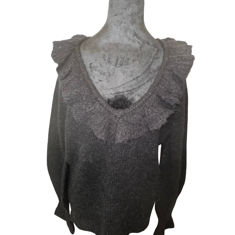 Boden Ruffle V-Neck Sweater US 8 Black Wool Alpaca Blend Fuzzy Romantic Coquette - Picture 3 of 12